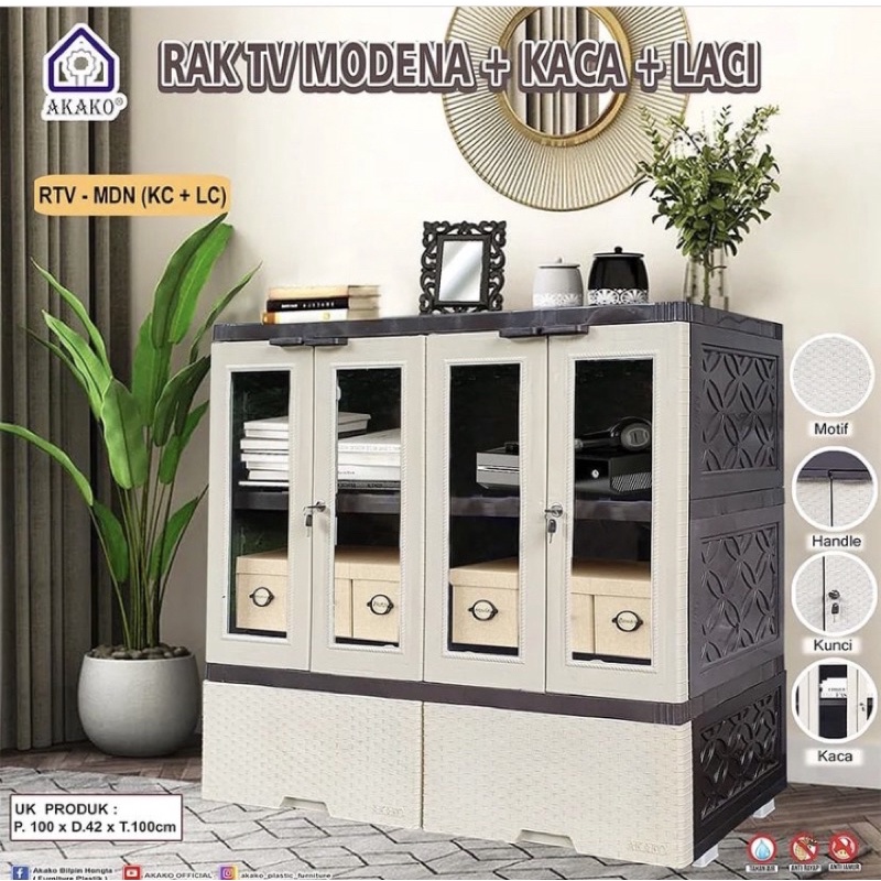Rak Televisi Lemari Laci Plastik Susun Kaca Kunci Akako Modena