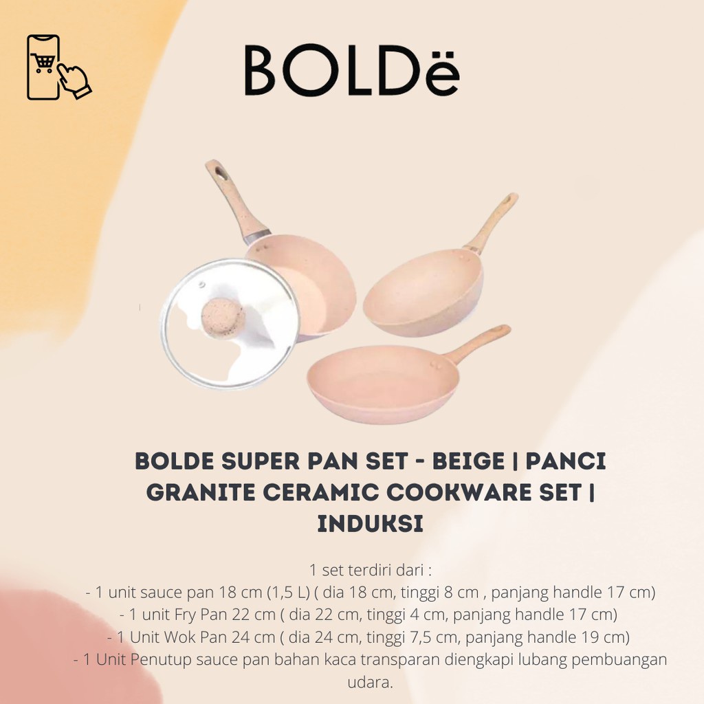 BOLDë Set Wajan Super Pan Beige Set Bolde 3+1 pcs | Gift Set Cookwear Panci Keramik Anti Lengket