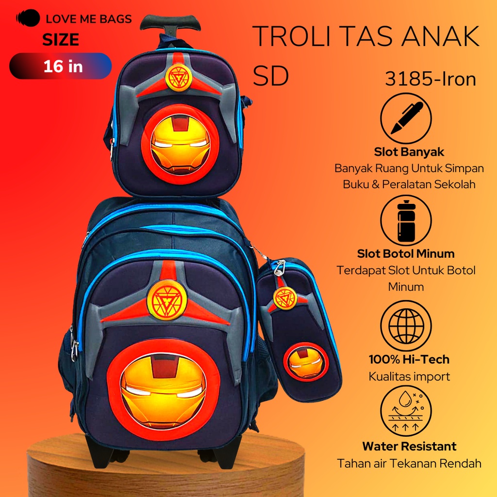 LMB Tas Troli Anak Sekolah Laki Laki SD Import 3in1 Bahan Nilon Premium Bagian Depan Timbul 6D Karakter Superhero Tebal Ukuran Besar