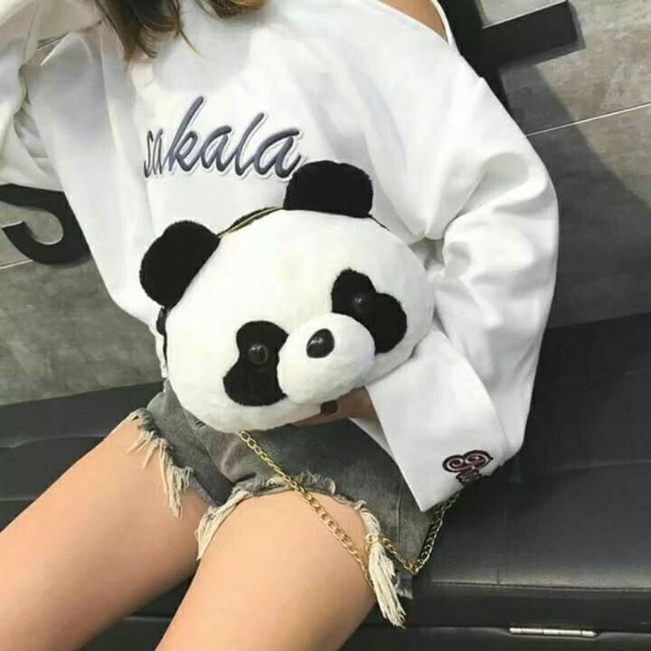 Produce Pandas - Tas Selempang Wanita Bulu Boneka PANDA Hitam Putih Imut Lucu Gemoy Chubby Gemes / Tas Boneka Panda Tali Rantai Bisa COD