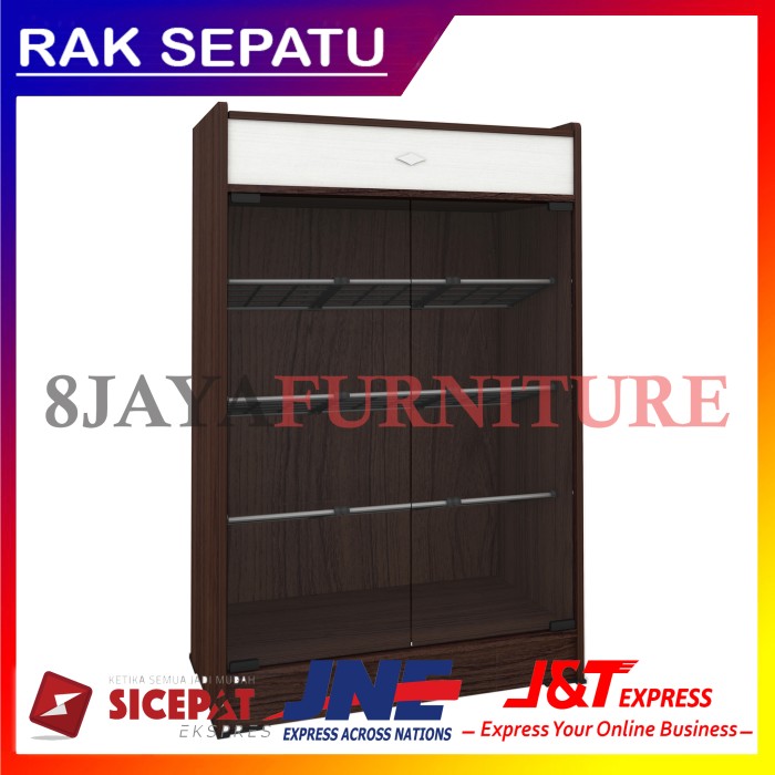 Lemari Sepatu Sendal Minimalis SR 80 Jati Kaca 2 Pintu Rak Kayu Atas