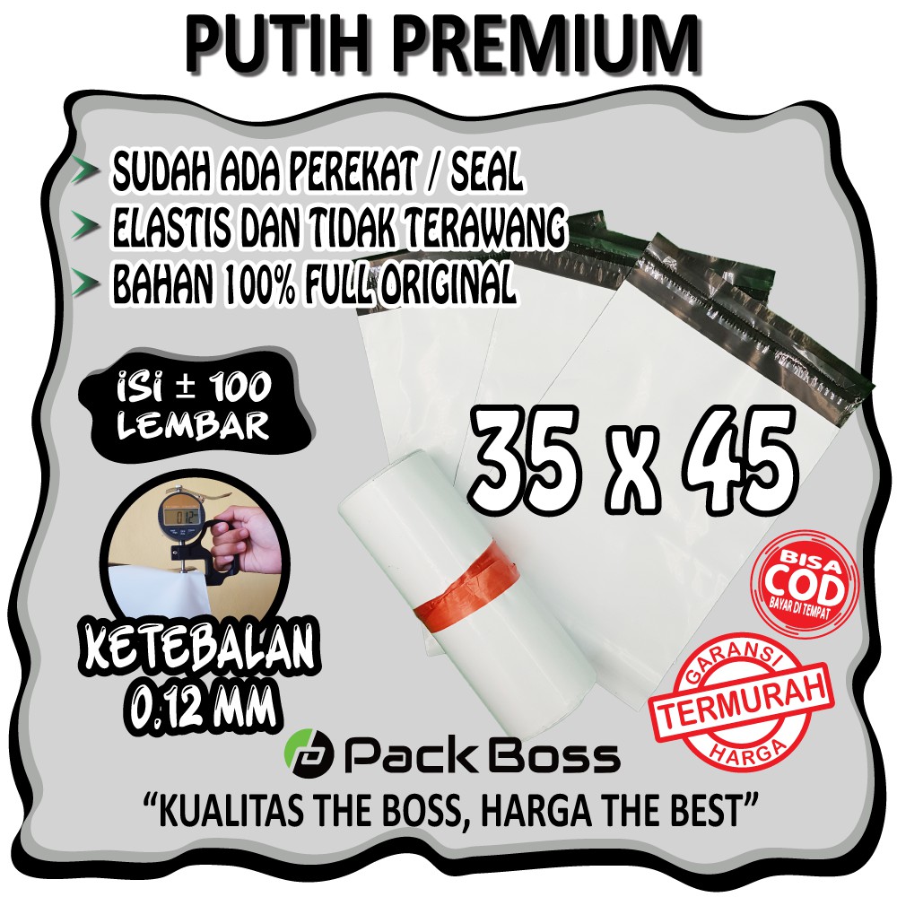 

POLYMAILER PUTIH PREMIUM 35X45 ISI ±100 * TEKSTUR HALUS * PUTIH BENERAN * TEBAL * BAHAN ORIGINAL