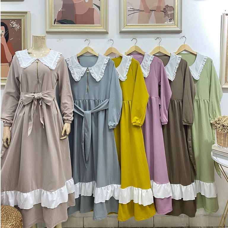 Gamis busui rempel kerah korea polos tali pinggang bahan voxy premium merk latin
