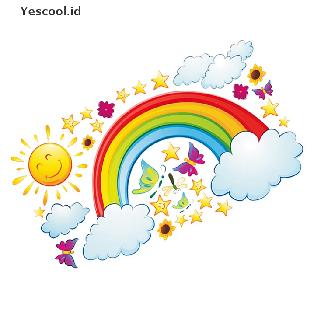 【Yescool】 Pretty Shining Stars On Rainbow Cloud Butterflies Wall Stickers Room Decor Decal .