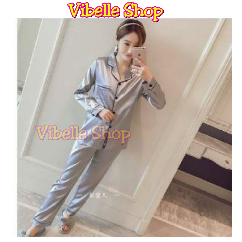 SATINPP - Vibelle Baju Tidur Piyama Satin Silky Velvet Premium Wanita-Abu Muda