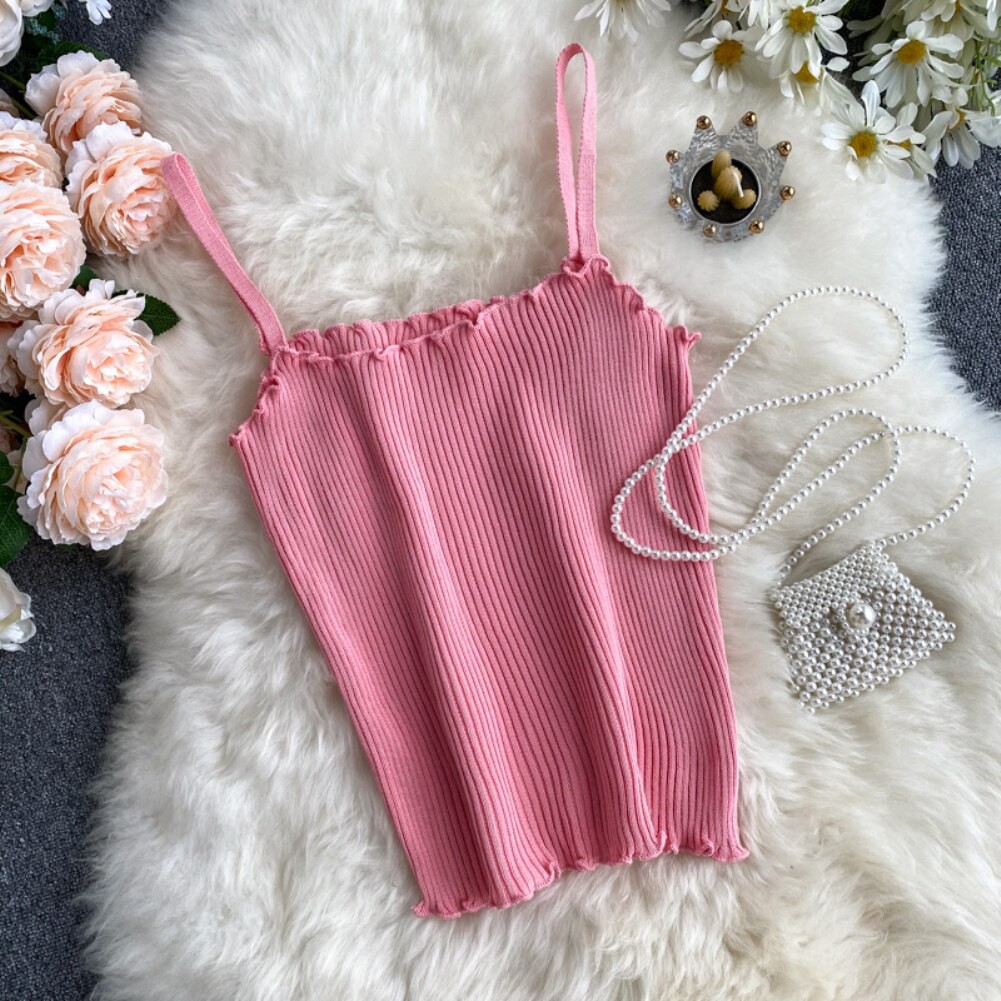 Korean Knit Tank Top Wanita Rajut Polos C049-Pink