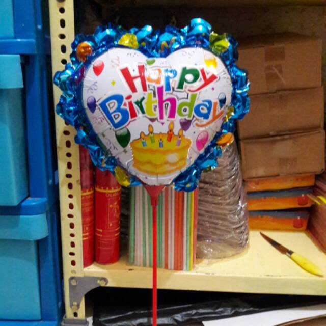 BALON FOIL HATI PRINT HAPPY BIRTHDAY + STIK