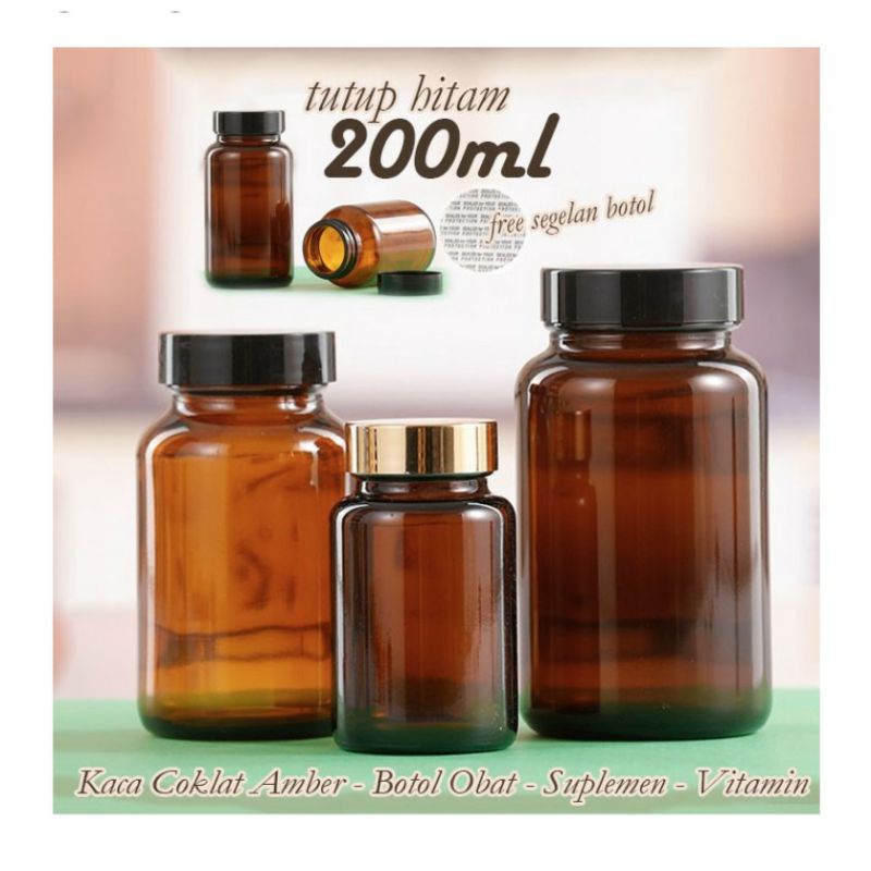 Botol kaca amber boto kaca obat kapsul wadah vitamin 200ml
