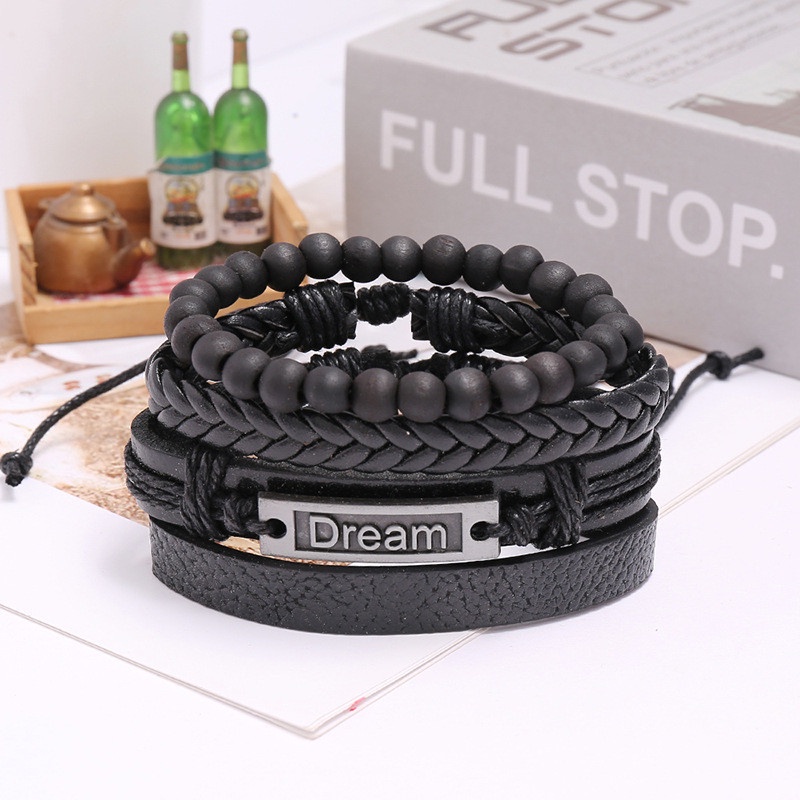 Dream Gelang Pria Wanita 4-Piece Set Kulit Sapi Paduan Tali Dikepang Manik-Manik Disesuaikan Gelang Hadiah