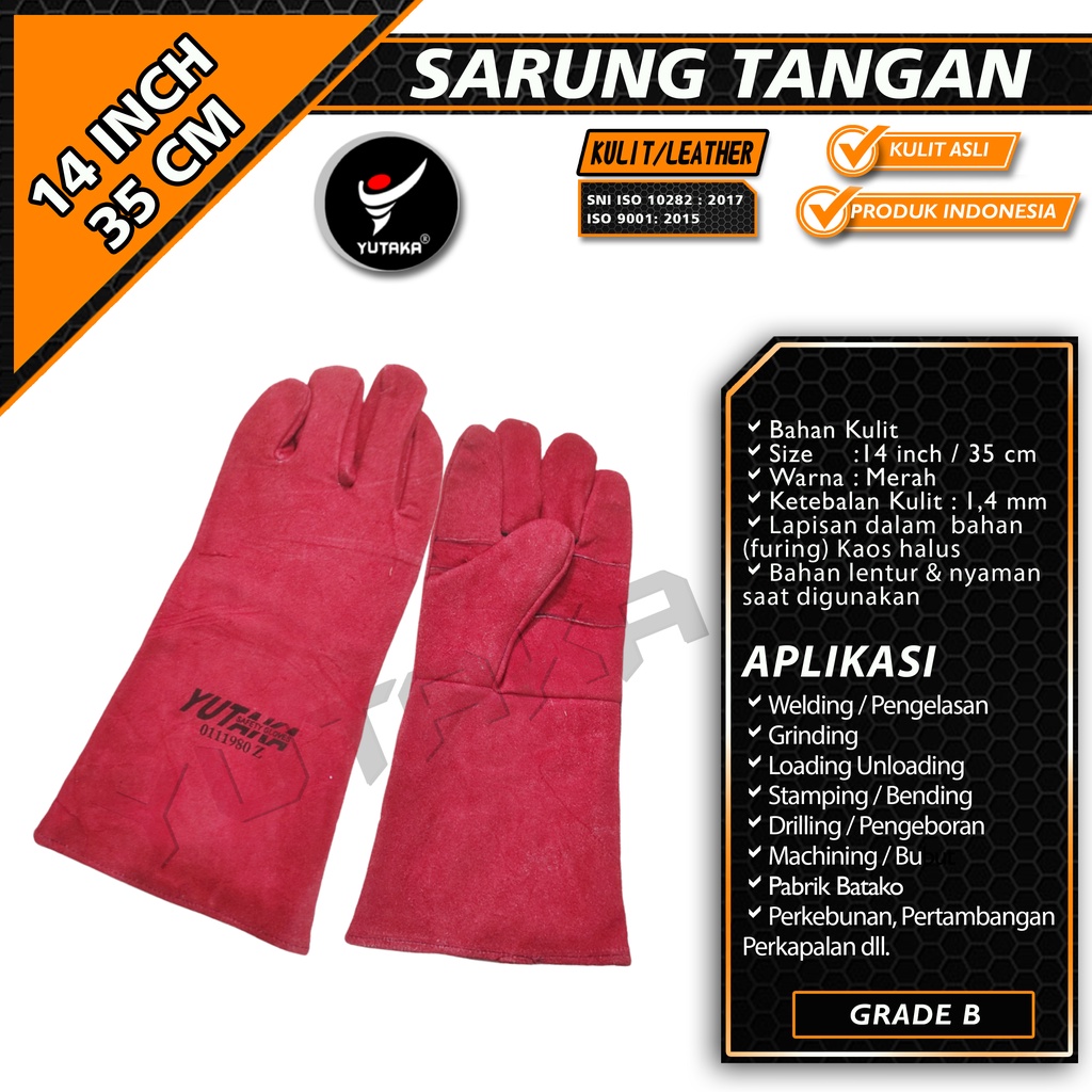 SARUNG TANGAN KULIT LAS MERAH YUTAKA 14inch murah/sarung tangan leather glove Yutaka 14 inch merah terlaris