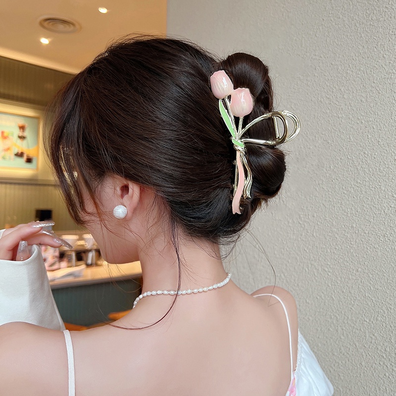 Jepit Rambut Bentuk Bunga Tulip / Kupu-Kupu / Bel Bahan Metal Untuk Wanita