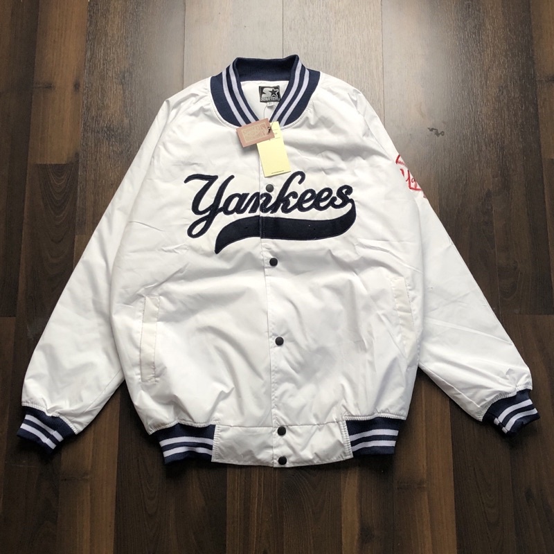 JAKET VARSITY YANKEES TEXT BORDIR PUTIH MIRROR 1:1 ORIGINAL