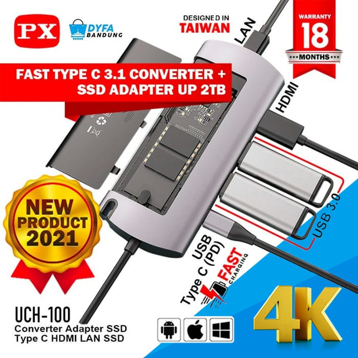 Converter Adapter SSD 2TB Type C to USB HDMI LAN 6 In 1 PX UCH-100