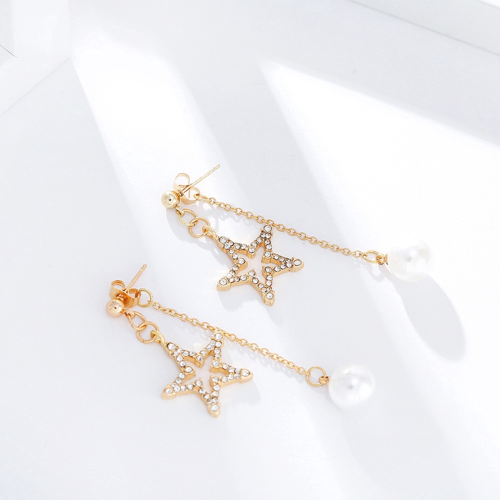[Bayar Di Tempat] Korea style woman sweet Star Pearl gold earring dangle Tassel Anting studs jewelry-1