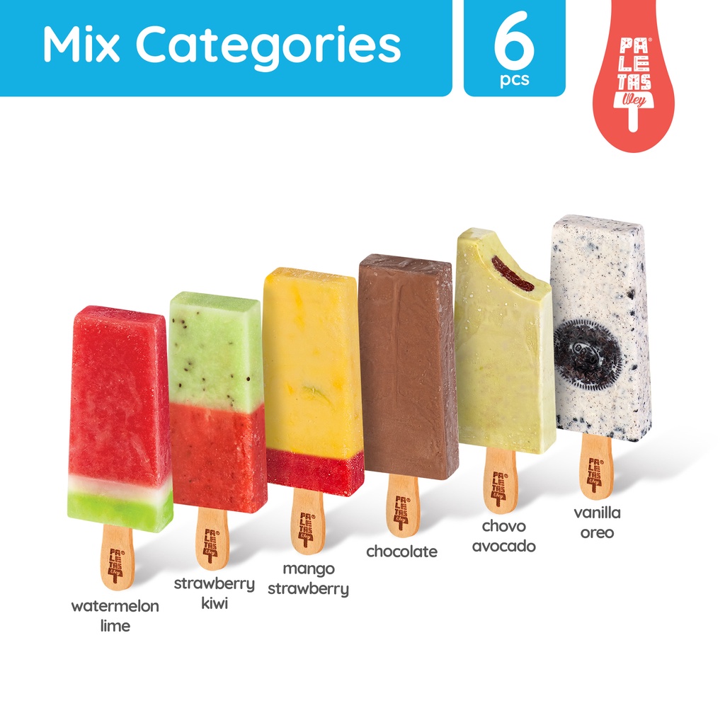 

Es Krim Paletas Wey Mango Strawberry, Strawberry Kiwi, Watermelon Lime, Choco Avocado, Chocolate, Vanilla Oreo