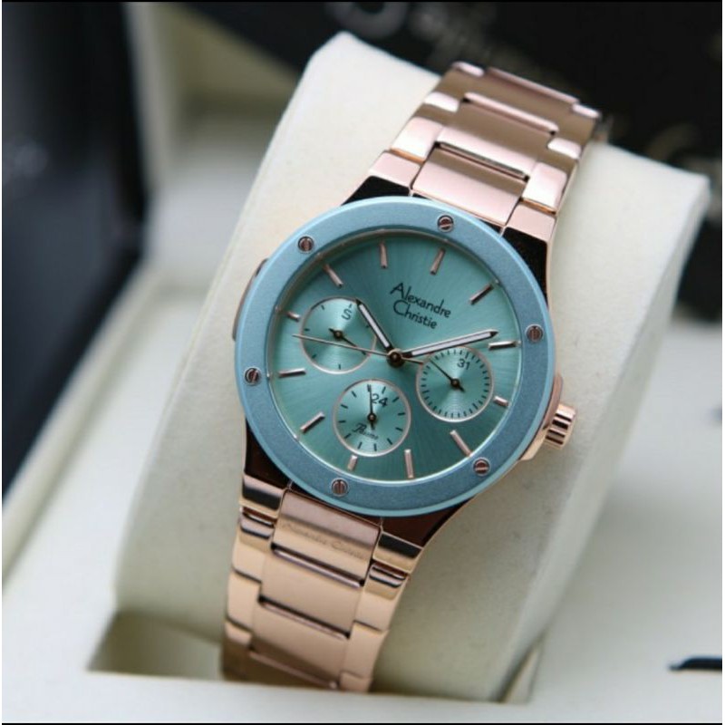 ORIGINAL JAM TANGAN WANITA ALEXANDRE CHRISTIE CEWEK ROSEGOLD GREEN RANTAI ALEXANDER CRISTIE AC 2913