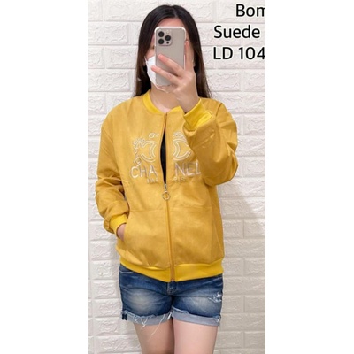 [REALPIC] JAKET BOMBER SUEDE IMPORT RENDA TANGAN PANJANG BORDIR-Kuning