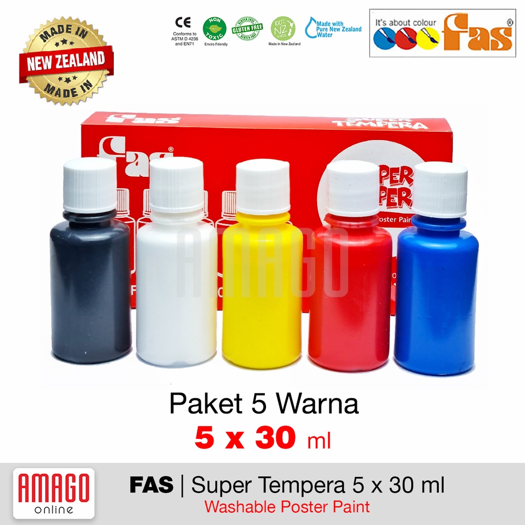 FAS Super Tempera - 5 Primary Colour set - Cat Lukis Cepat Kering Sekolah - Paket 5 warna dasar x 30 ml