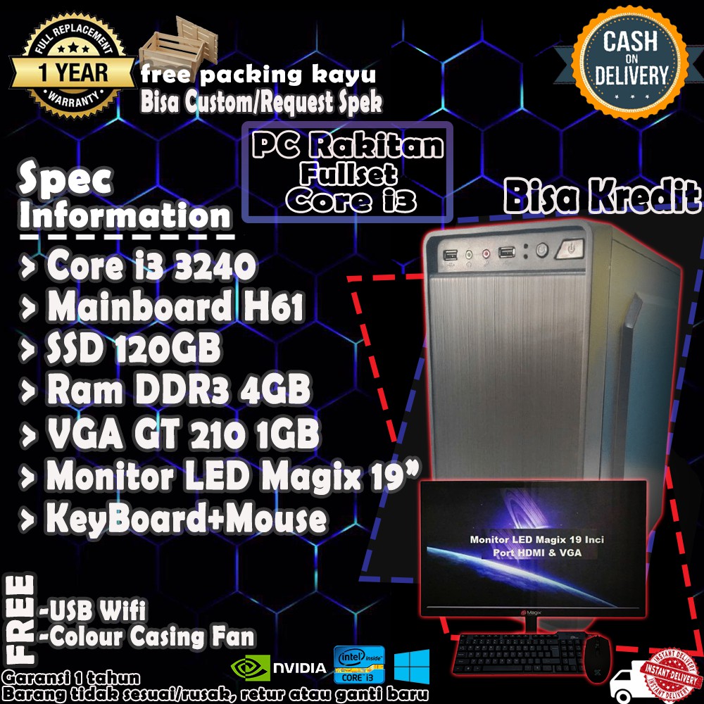 Bergaransi (GGP) Pc Pcu Komputer Kantor Rakitan Fullset Core i3 3240 Ram 4Gb Ssd 120Gb Termurah di