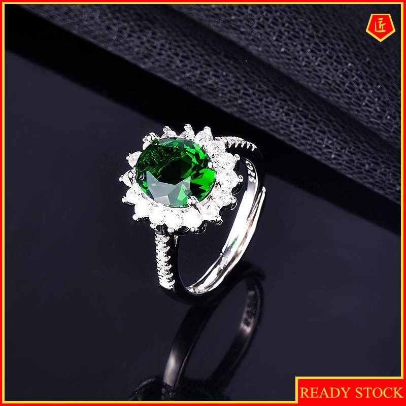 [Ready Stock]Elegant Inlaid Oval Natural Emerald Ring