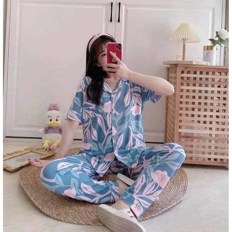 JC- PIYAMA SET Import CP / Piyama wanita Import terbaru / Piyama Import Korean Style-Leaf GreyBlue CP