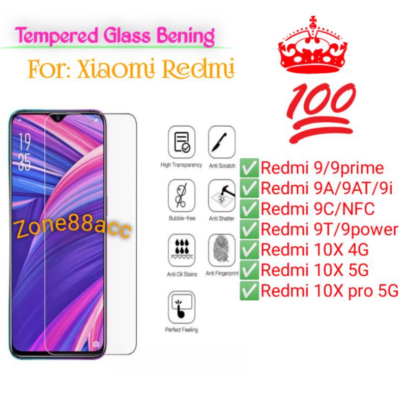 Redmi 9 9prime 9A 9AT 9i 9T 9C NFC 10X Pro Antigores Bening Tempered Glass Screen Guard protector TG
