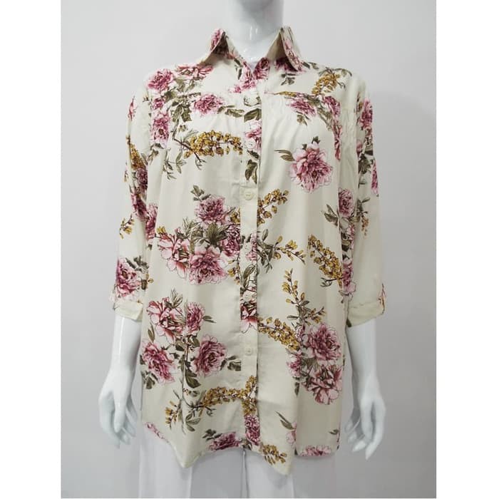 Kemeja Wanita Jumbo- Baju Atasan Flower Cream