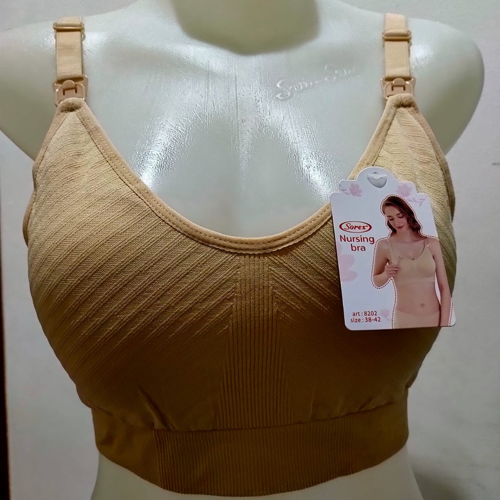 Bra Menyusui Rajut Sorex 8202 Bermotif Salur Berukuran Jumbo Lentur dan Tanpa Kawat-Coklat