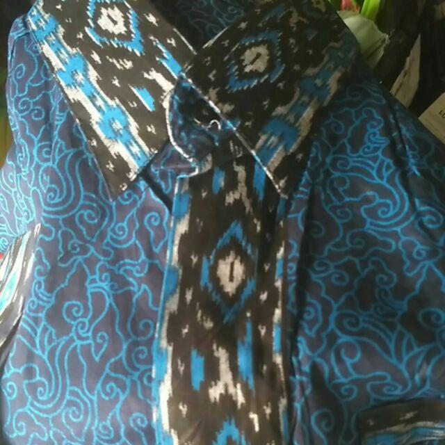 Kemeja Batik Pria Modern Lengan Panjang Motif Mega Mendung Biru Dan Coklat