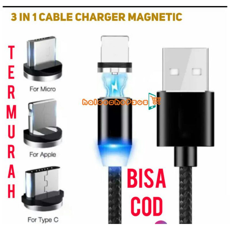 KABEL CAS  FAST CHARGING MAGNET MAGNETIC CABLE CHARGING 1M  LED INDIKATOR MICRO USB TYPE C  2 in 1