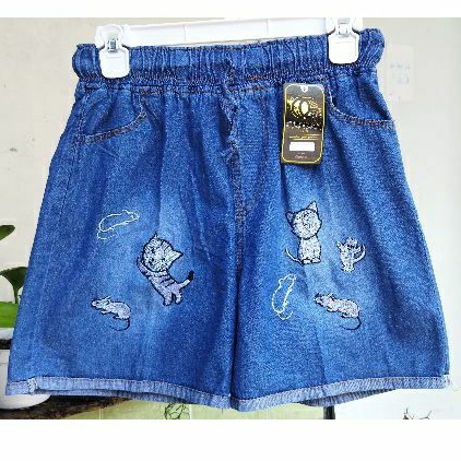 HOTPANTS JEANS - BORDIR MOTIF KUCING - LUCU IMUT RUBBER PANTS