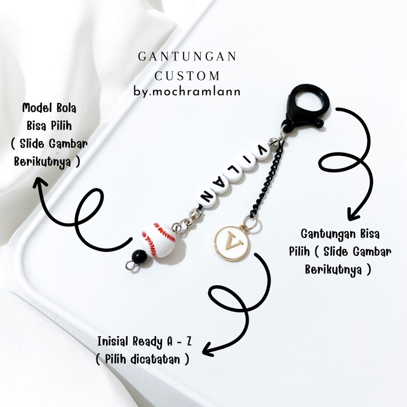 gantungan custom nama model bola / strap ball chain custom nama / strap phone custom nama