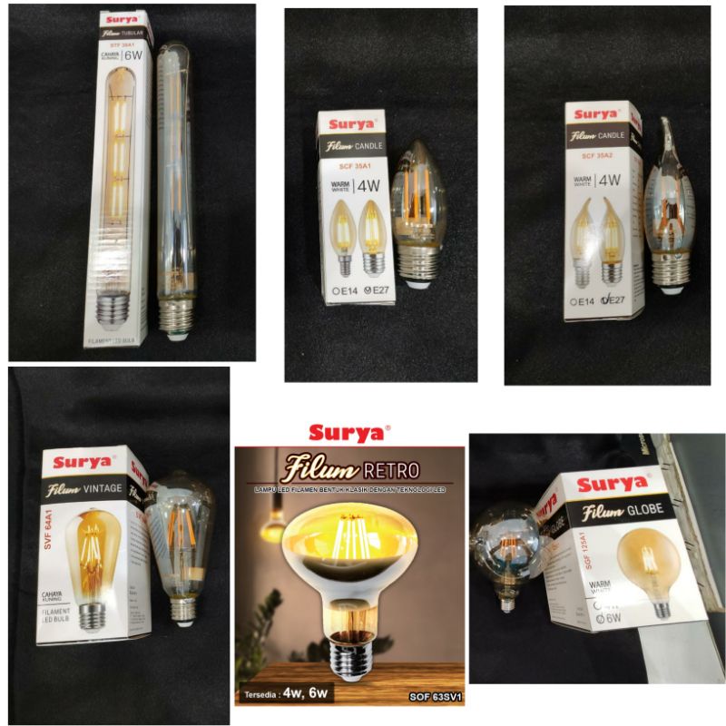 Lampu LED Filamen 4 &amp; 6 Watt Surya Filum Retro, Tubular, Candle, Vintage, Globe