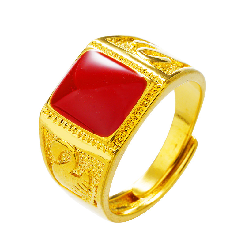 Cincin Emas Asli Kadar 375 Model Terbuka Dapat Disesuaikan Aksen Batu Permata Merah Hijau Hitam Untuk Pria
