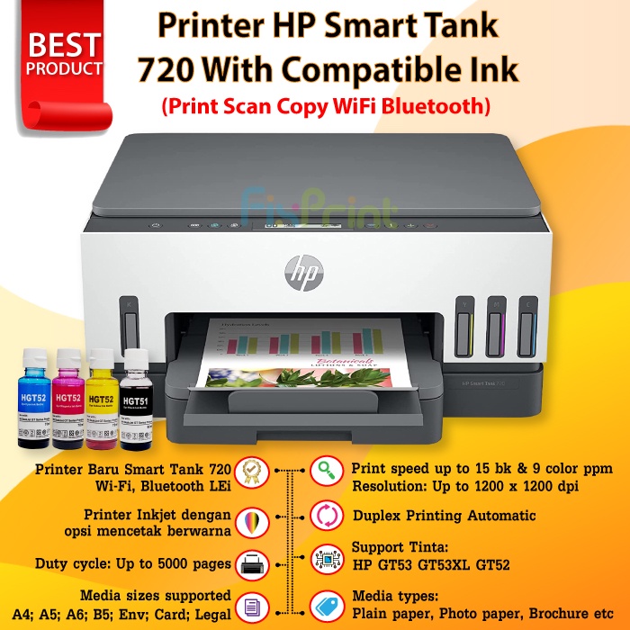 Printer Smart Tank 720 All-in-One WiFi Bluetooth A4 With GT53 GT52