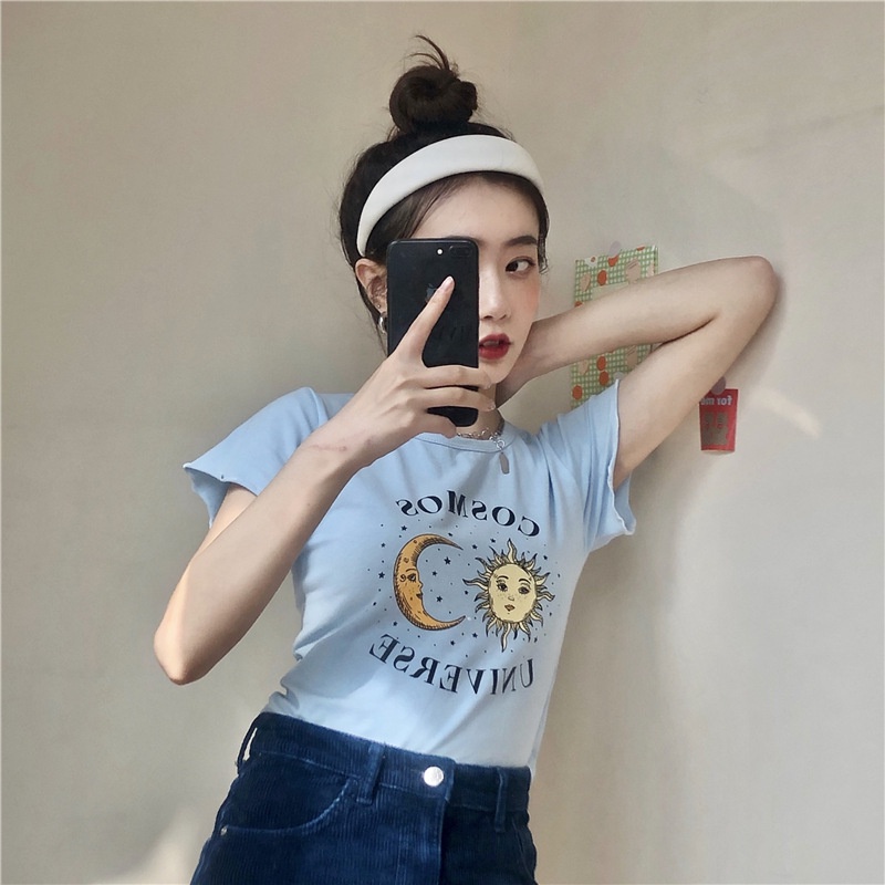 MOOGU ♡ Print crop top kaos wanita t-shirt lengan pendek atasan baju wanita