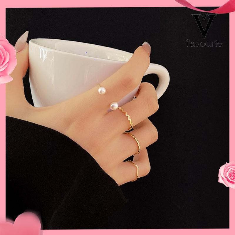 [COD]4 Pcs/set Korea Cincin Emas Untuk Wanita Sederhana Mutiara Elegan Cincin Set Dapat Disesuaikan Terbuka Perhiasan Hadiah-FA