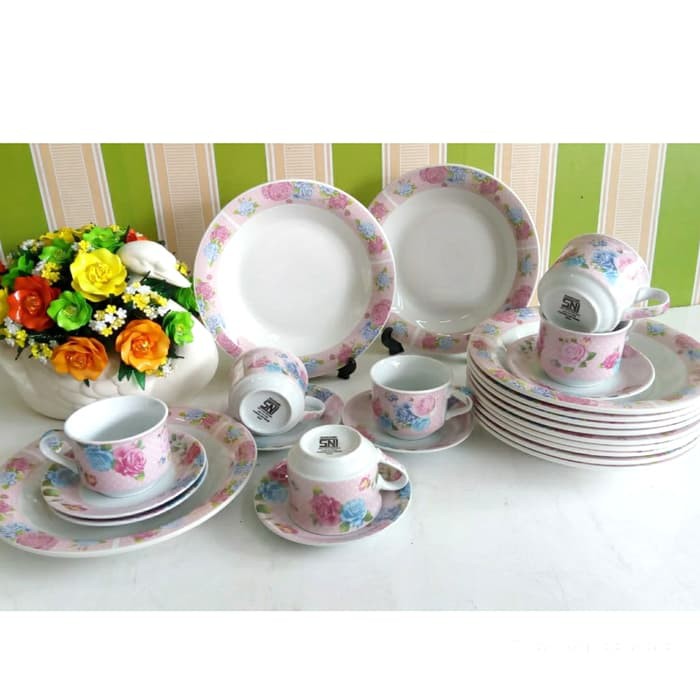 Piring Makan Keramik Shabby 9-25" Nakami + Cangkir Set Pink