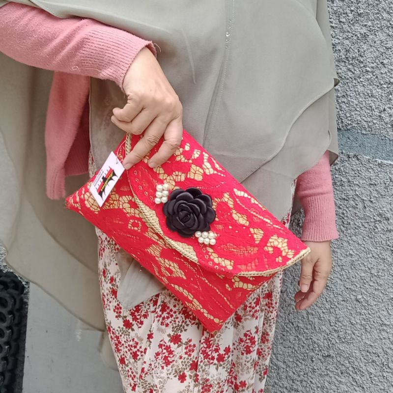 TAS PESTA BROKAT BUNGA MERAH
