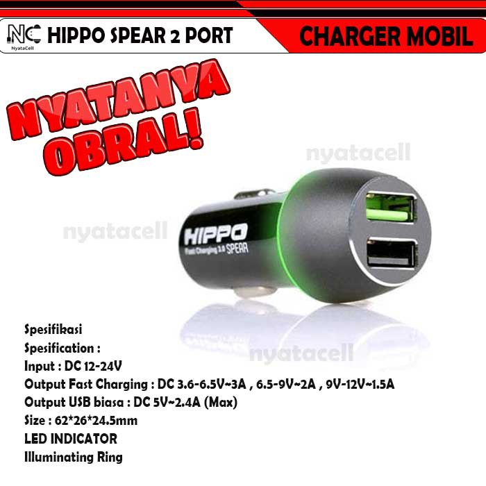 Charger Mobil Hippo Spear 2 Port USB Quick Charge 3.0 Saver