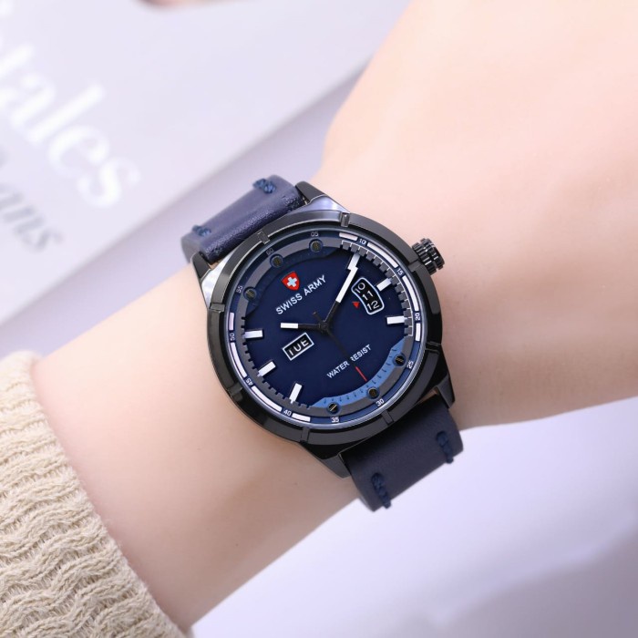 Jam Tangan Murah Swiss Army Tali Kulit Tanggal Hari Aktif - Biru E1N3 Jam Tangan Murah Keren Ootd Mu