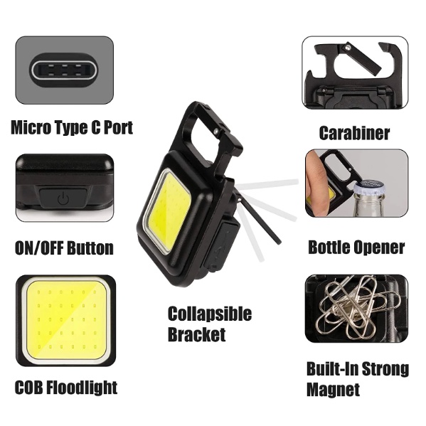 Lampu Senter Led COB Mini USB Charger Dengan Gantungan Kunci Untuk Outdoor / Camping / Memancing / Lampu Senter Led COB Mini USB Charger Model Gantungan Kunci Multifungsi Super Terang