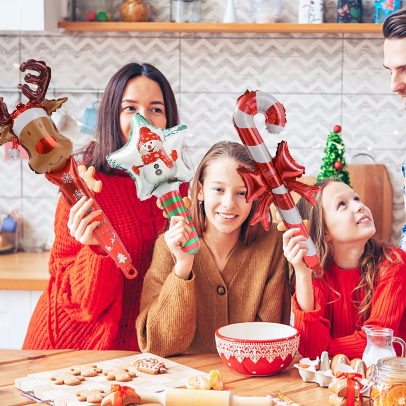 Mainan Tongkat Balon Model Tiup Bahan Aluminum Foil Desain Gingerbread Man Snowman Elk Head Natal Ukuran 24 Inci