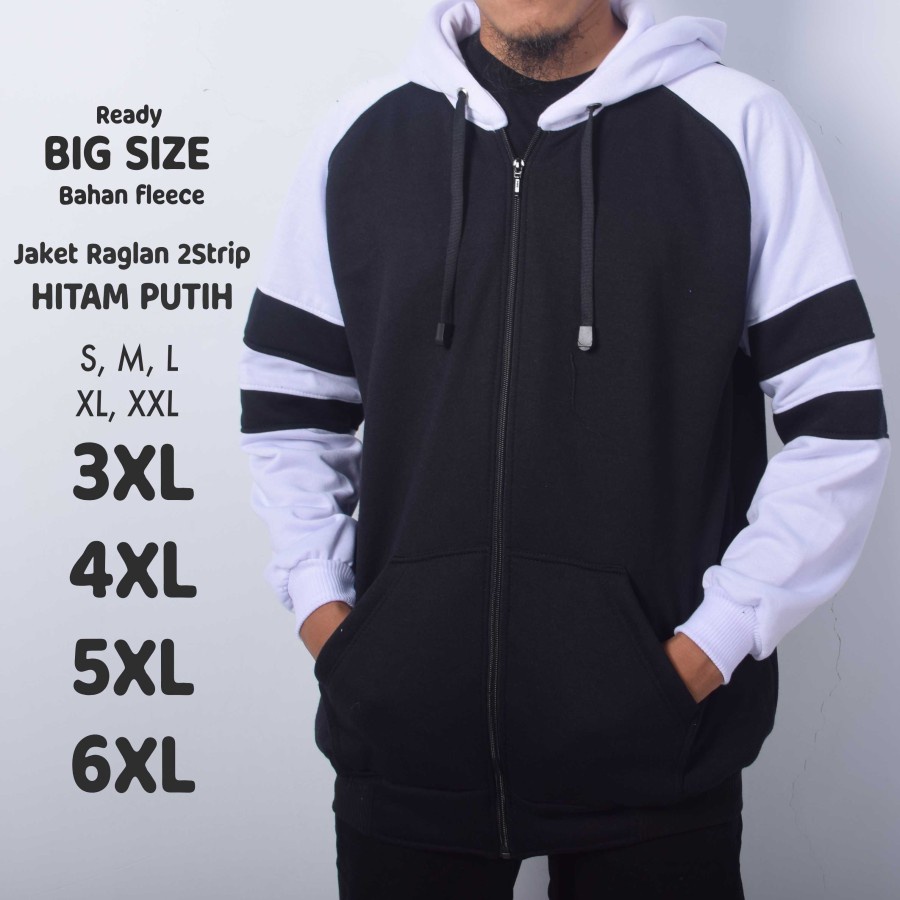 Jaket Raglan 2Strip Hitam Putih Pria Jumbo Big Size - Hitam Putih, S