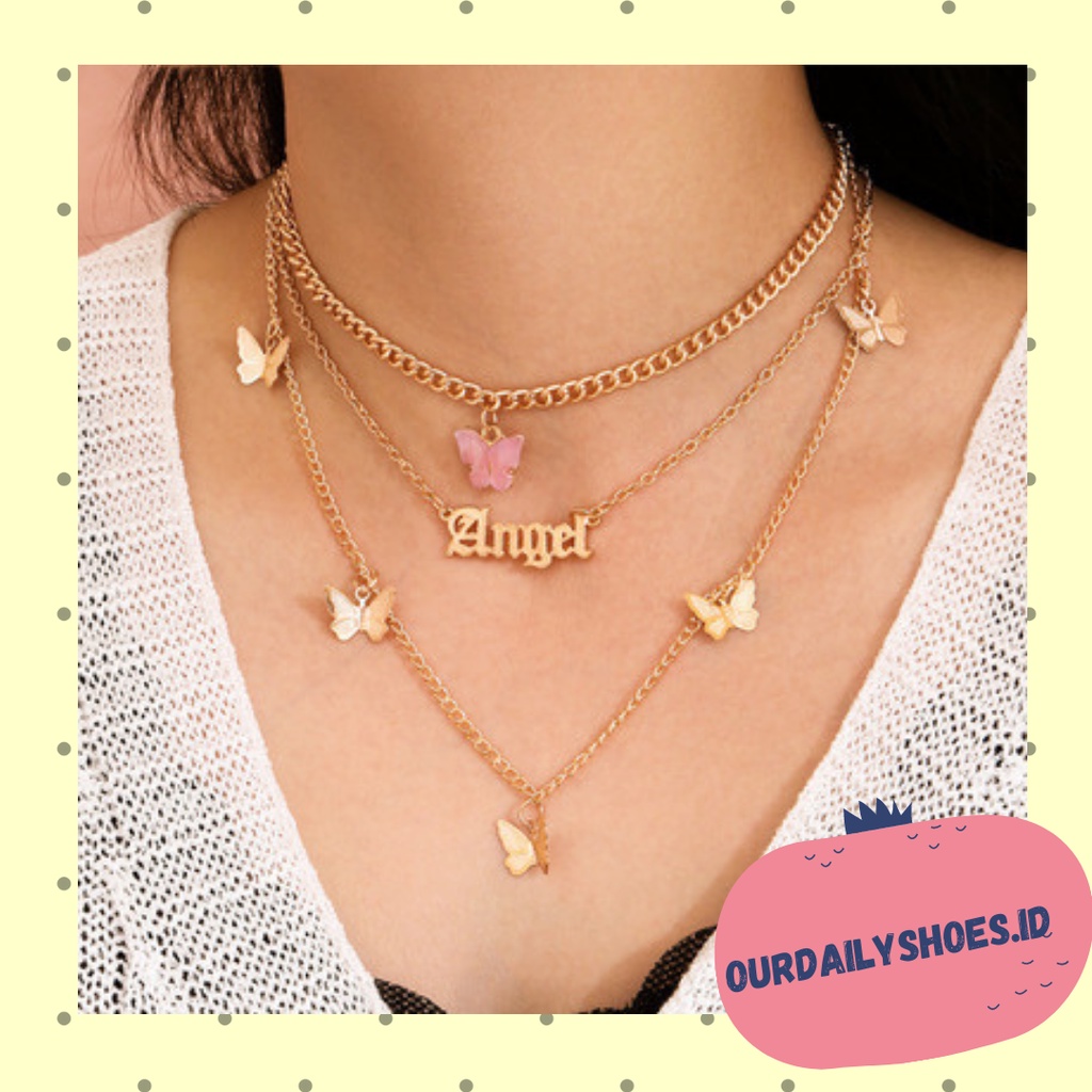 ★ODS★ Kalung Rantai Panjang Double Layer K11 Liontin Butterfly Letter Angel Bahan Akrilik kekinian