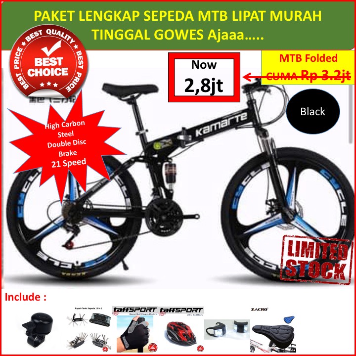 MURAH Paket Lengkap Sepeda MTB KAIMARTE LIPAT HIGH CARBON STEEL 21Speed