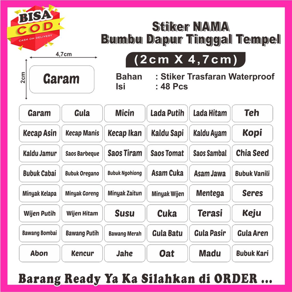 

Stiker Label Transparan Nama-Nama Bumbu Dapur WATERPROOF 48Pcs Ready