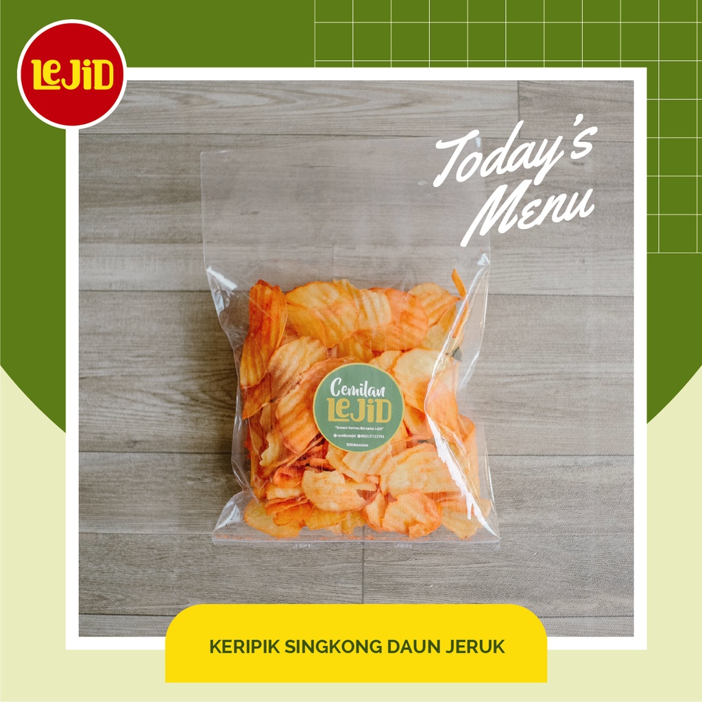 

KERIPIK SINGKONG RASA DAUN JERUK 150GR / CEMILAN / OLEH OLEH / JANANAN / KERUPUK