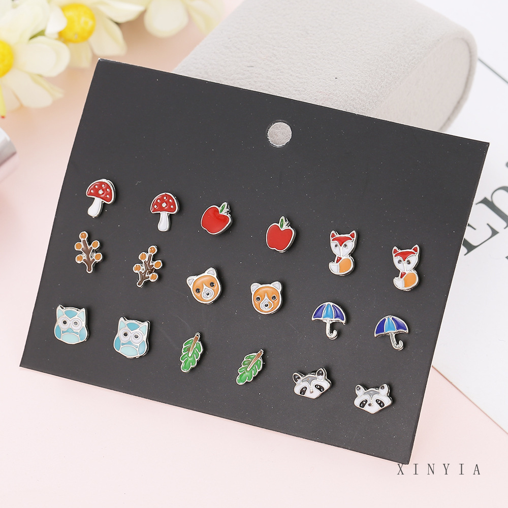 30 Pasang Anting Tusuk Hewan Lucu Warna Campuran Fox Frog Dan Set Anting Jamur