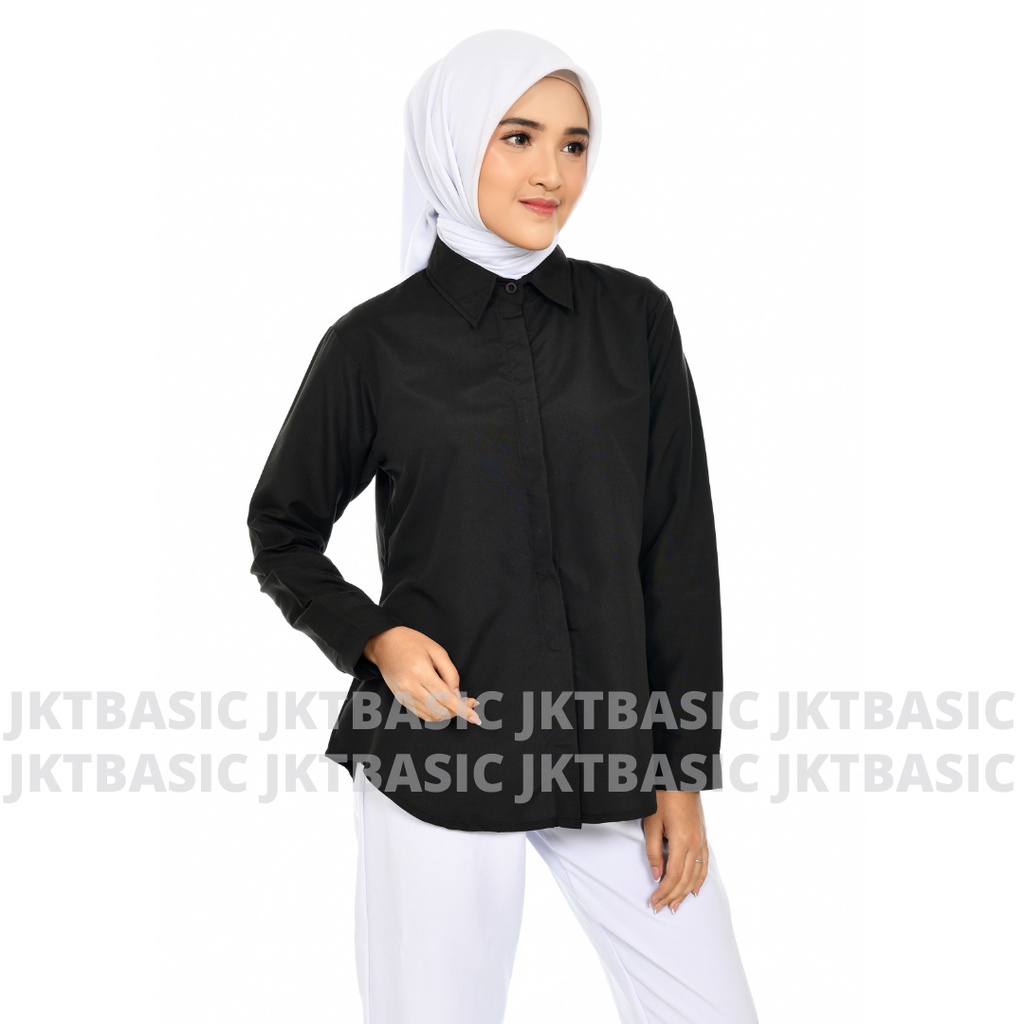 Kemeja Wanita Kasual Lengan Panjang Oversize Hijau Army-Hitam